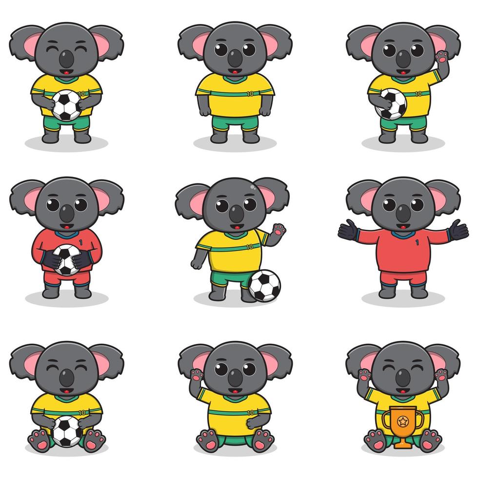 ilustração em vetor de personagens de coala jogando futebol.