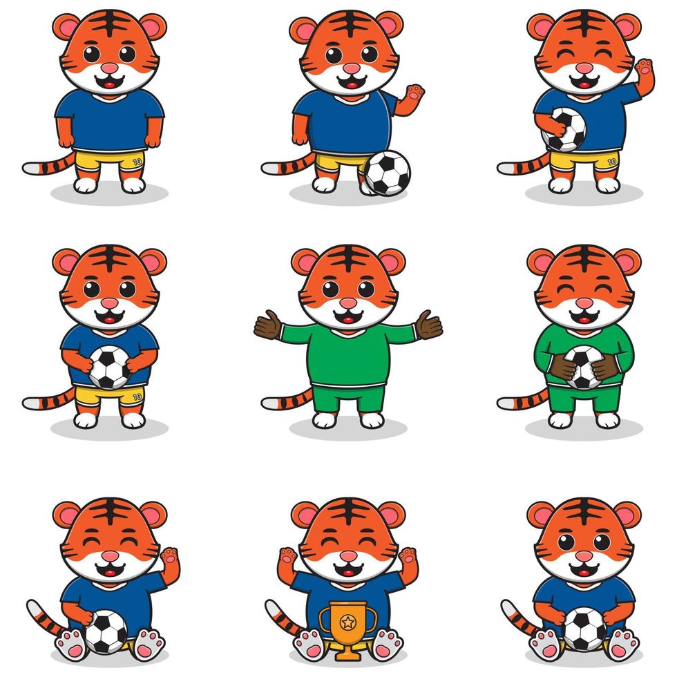 ilustração em vetor de personagens de tigre jogando futebol.