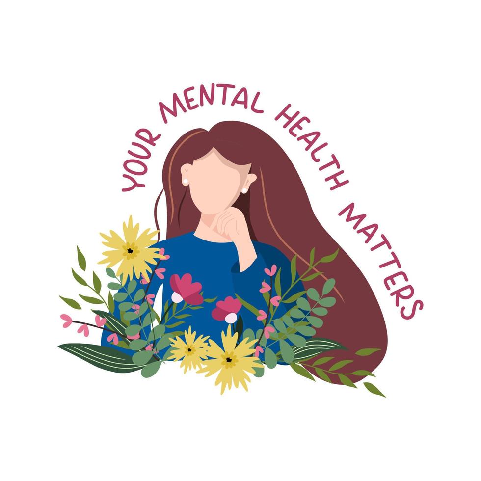 uma garota bonita com longos cabelos escuros em uma pose calma, cercada por flores coloridas, folhas e letras de sua saúde mental. conceito de ilustração de saúde mental. vetor