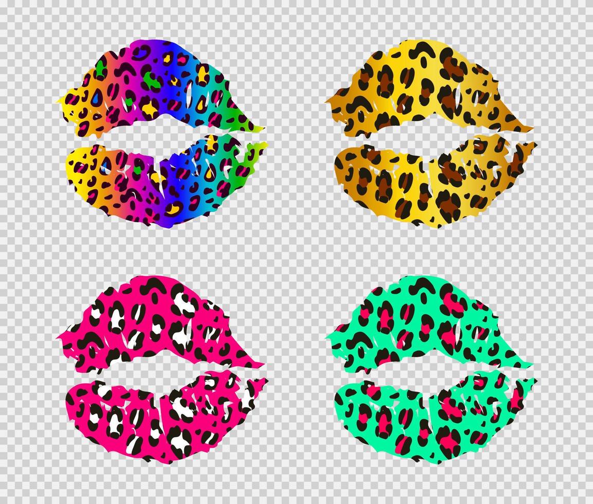 lábios de leopardo brilhantes em um fundo transparente. lábios femininos multicoloridos pintados. ilustração vetorial. vetor