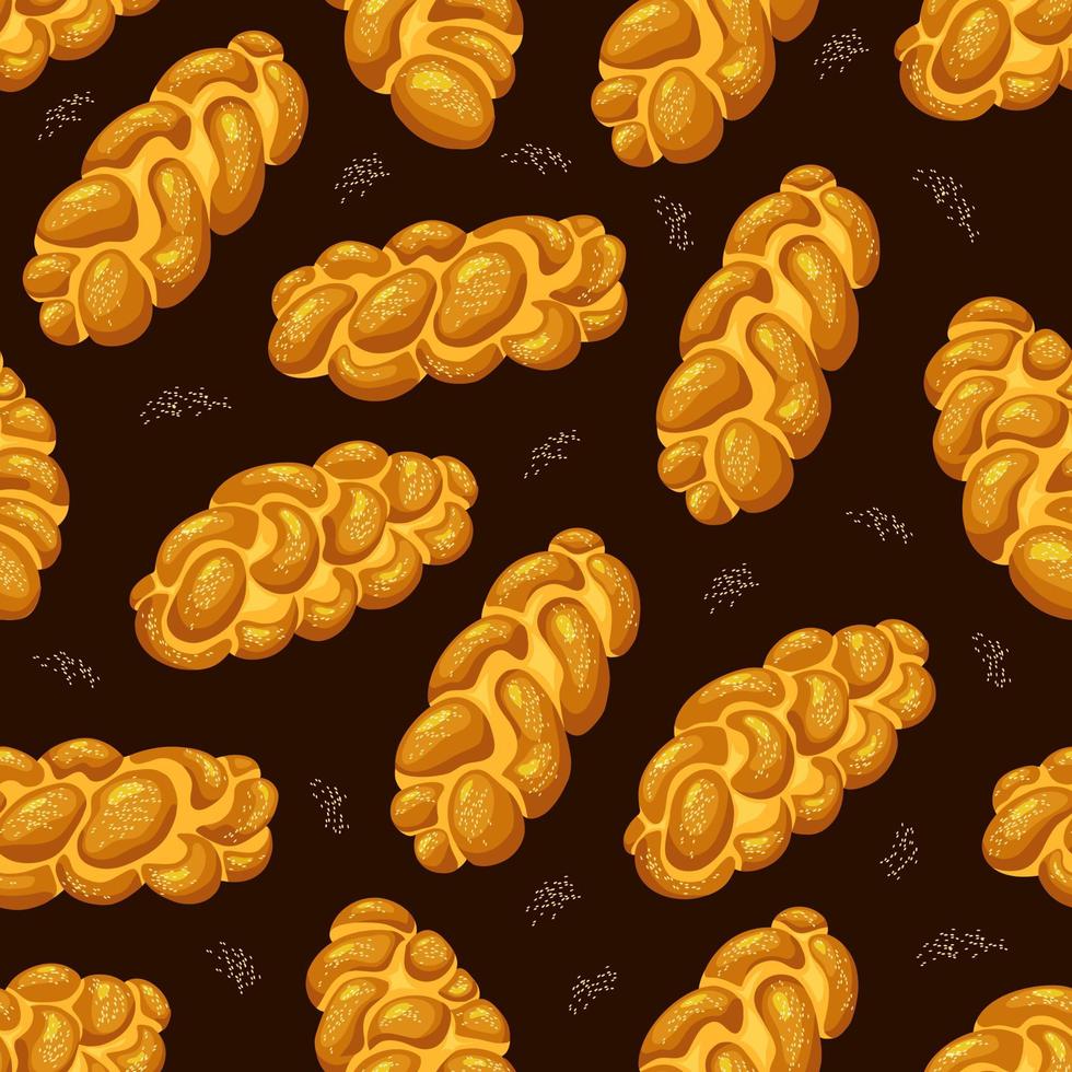 challah, padrão sem emenda de pão trançado judaico de férias. pão de sábado em fundo isolado. ilustração vetorial de desenho animado de comida vetor