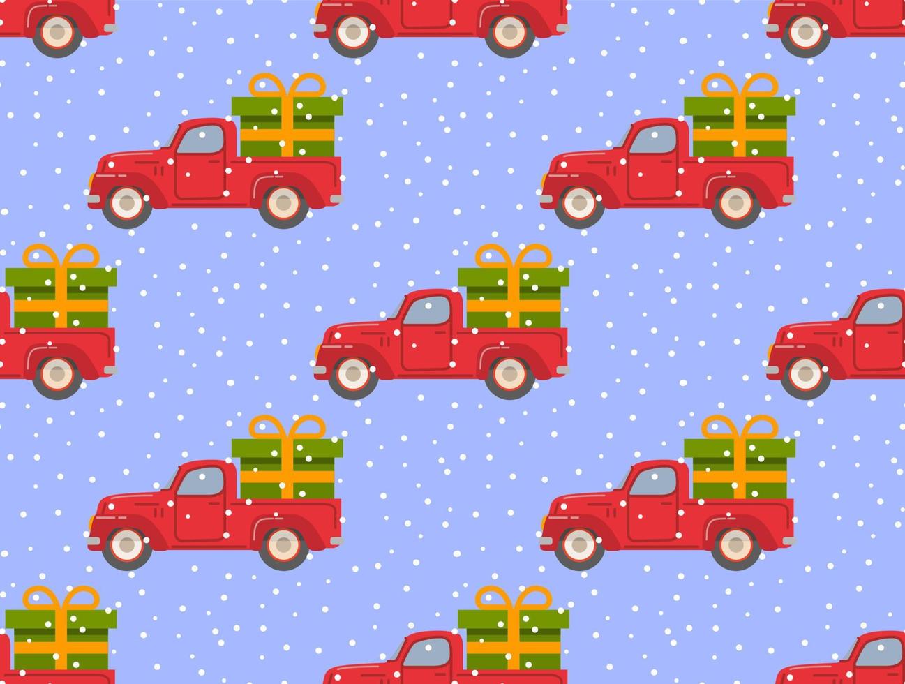 caminhonete vermelha retrô com box.falling snow.christmas de presente verde seamless pattern.concept para embrulho de ilustração plana de paper.vector. vetor