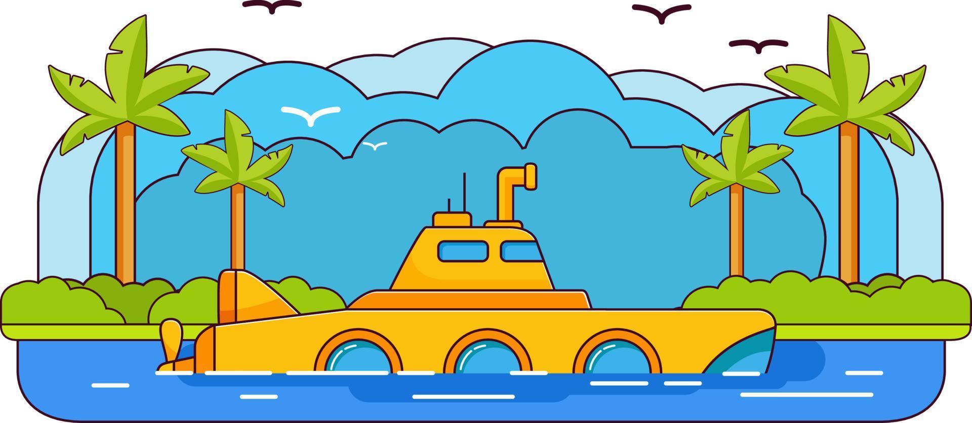 viagem de aventura amarela submarino.sea. vetor de arte de linha subaquática ship.flat. janela e periscope.cartoon batiscafo icon.summer marinho travel.rine viagens .tropical ilha de uma palmeira. viagem ao mar.