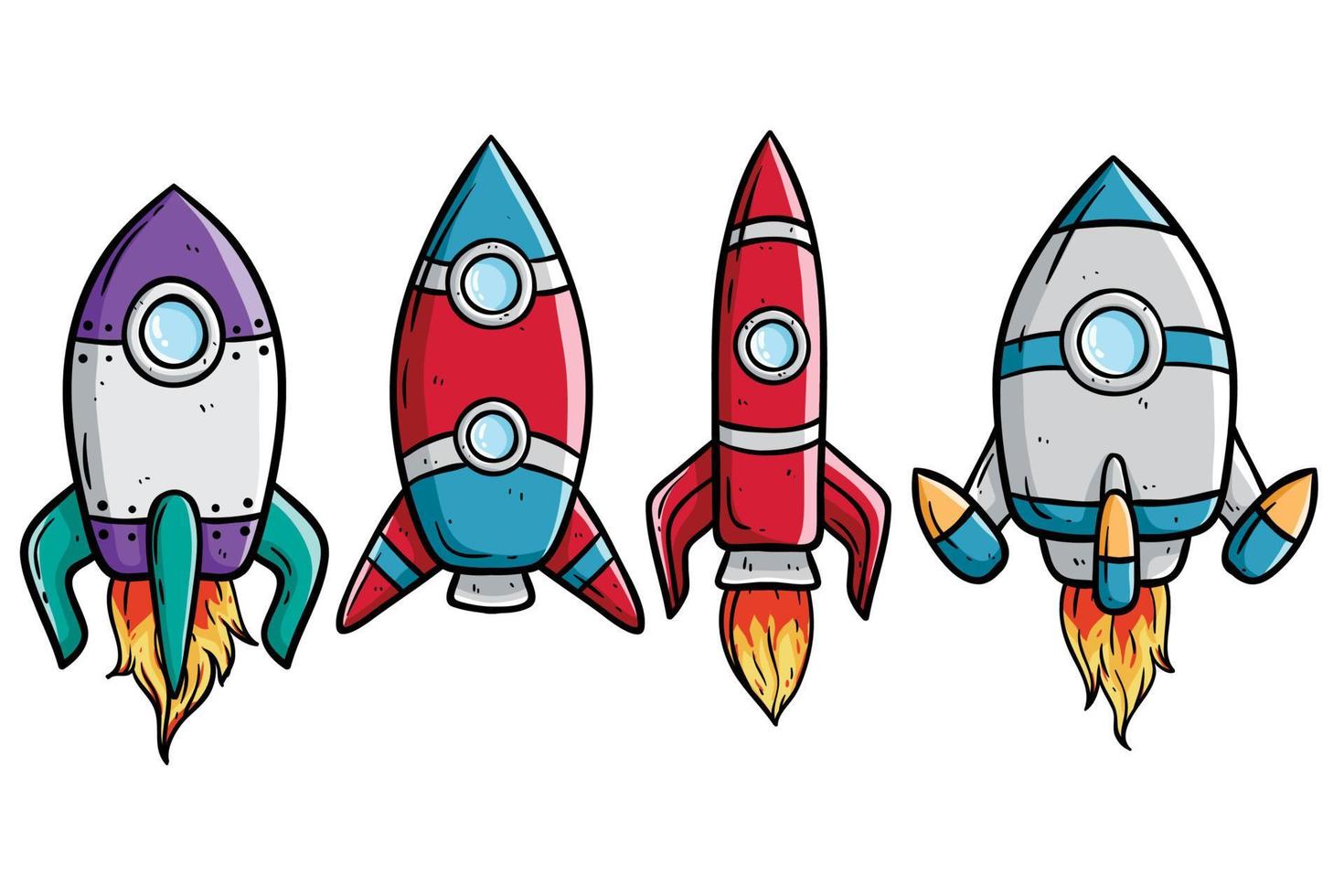 coleção de nave espacial ou foguete com estilo colorido desenhado à mão vetor