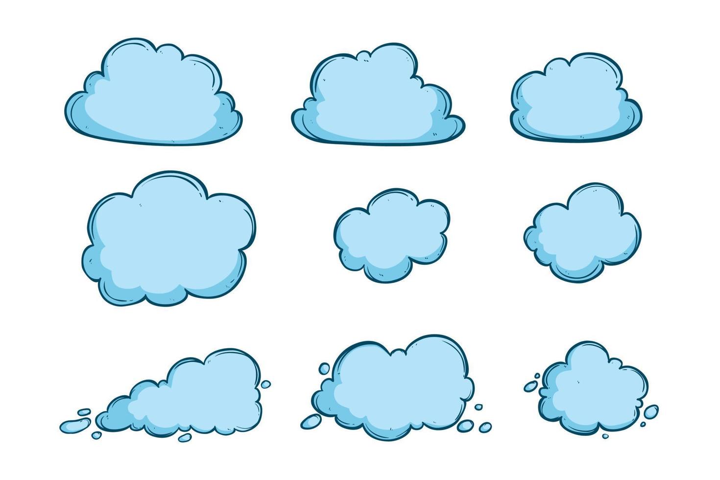 conjunto de nuvem azul com estilo doodle em fundo branco vetor