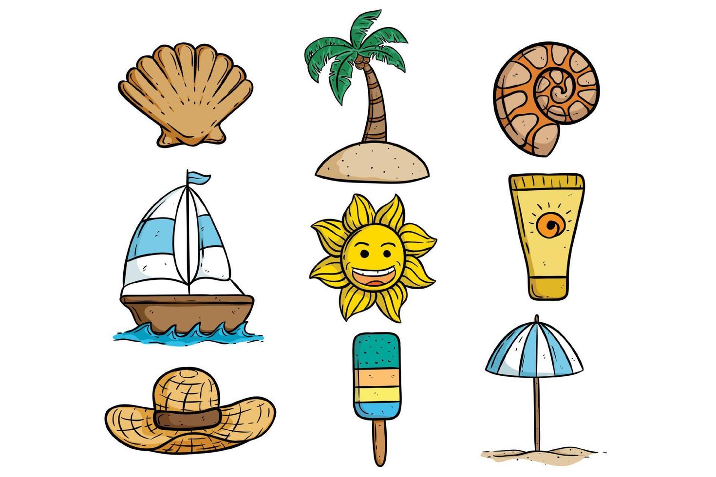 coleção de ícones de verão bonito com estilo doodle em fundo branco vetor