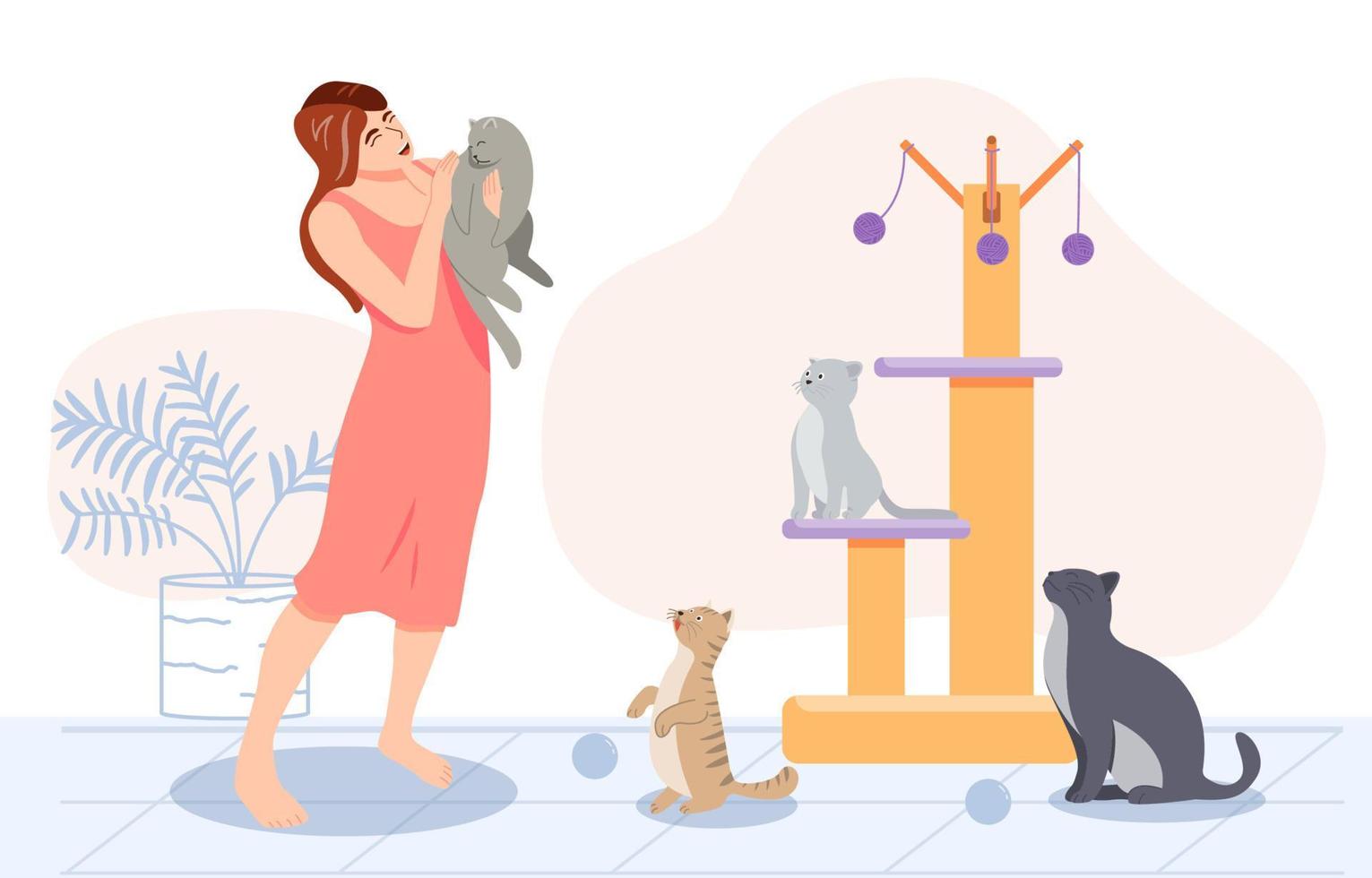 mulheres segurando gatos fofos. senhora com seus gatos, conceito moderno de ilustração vetorial do escritório em casa. vetor