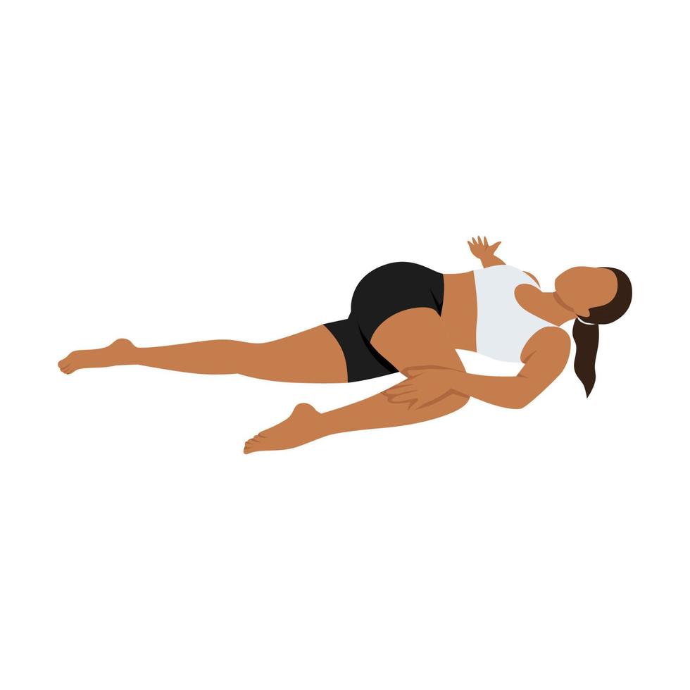 mulher fazendo supta matsyendrasana supino torção espinhal exercício pose. ilustração vetorial plana isolada no fundo branco vetor
