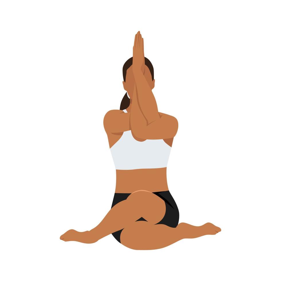 mulher fazendo pose de cara de vaca com exercício de gomukhasana garudasana de braços de águia. ilustração vetorial plana isolada no fundo branco vetor