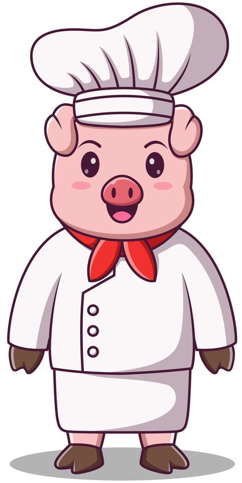 personagem de desenho animado de mascote de porco chef, ilustração de ícone de vetor de cozimento de porco