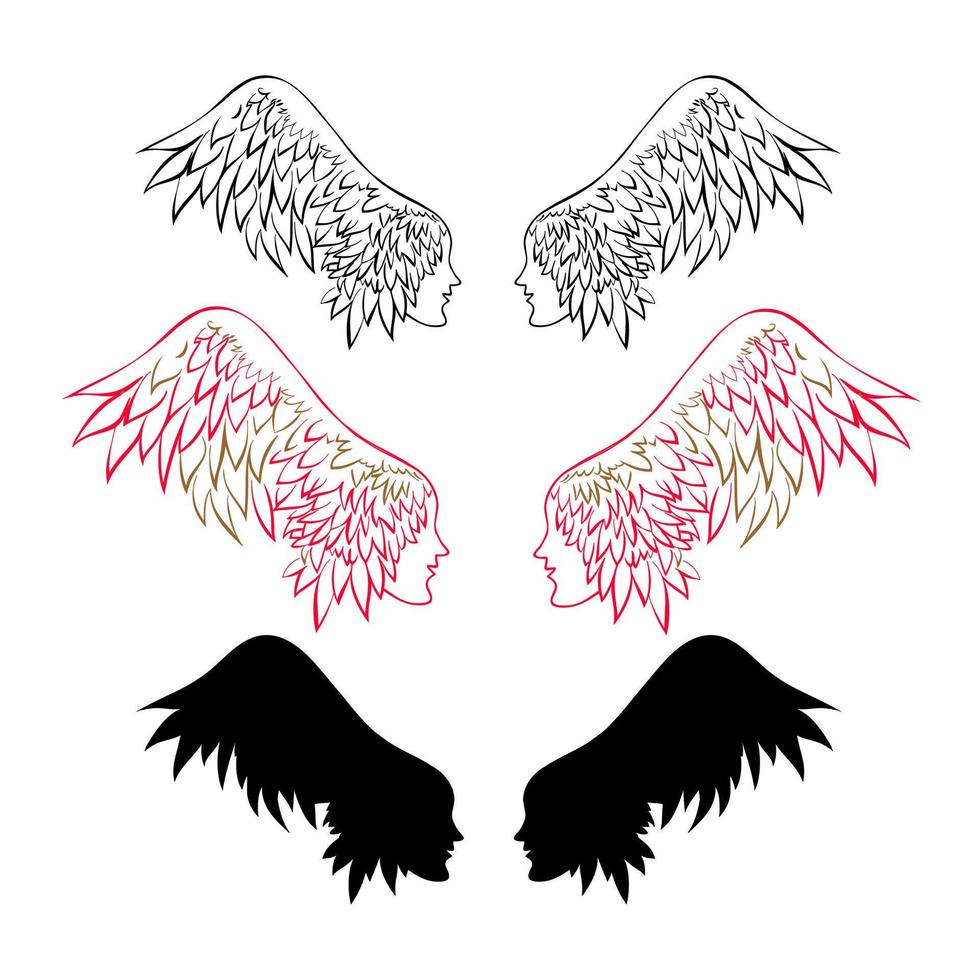 duas cabeças femininas com asas. decoração de camisetas, tatuagem, arte linear vetor