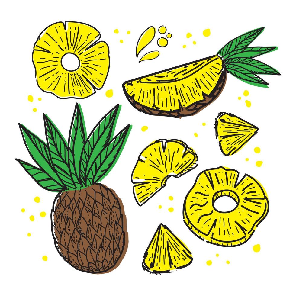 conjunto de abacaxis, elementos de doodle desenhados no estilo de desenho. abacaxi inteiro, partes, folhas, fatias, núcleo, gotas de suco. coleção de imagens de frutas. ilustração vetorial, isolada no fundo branco vetor