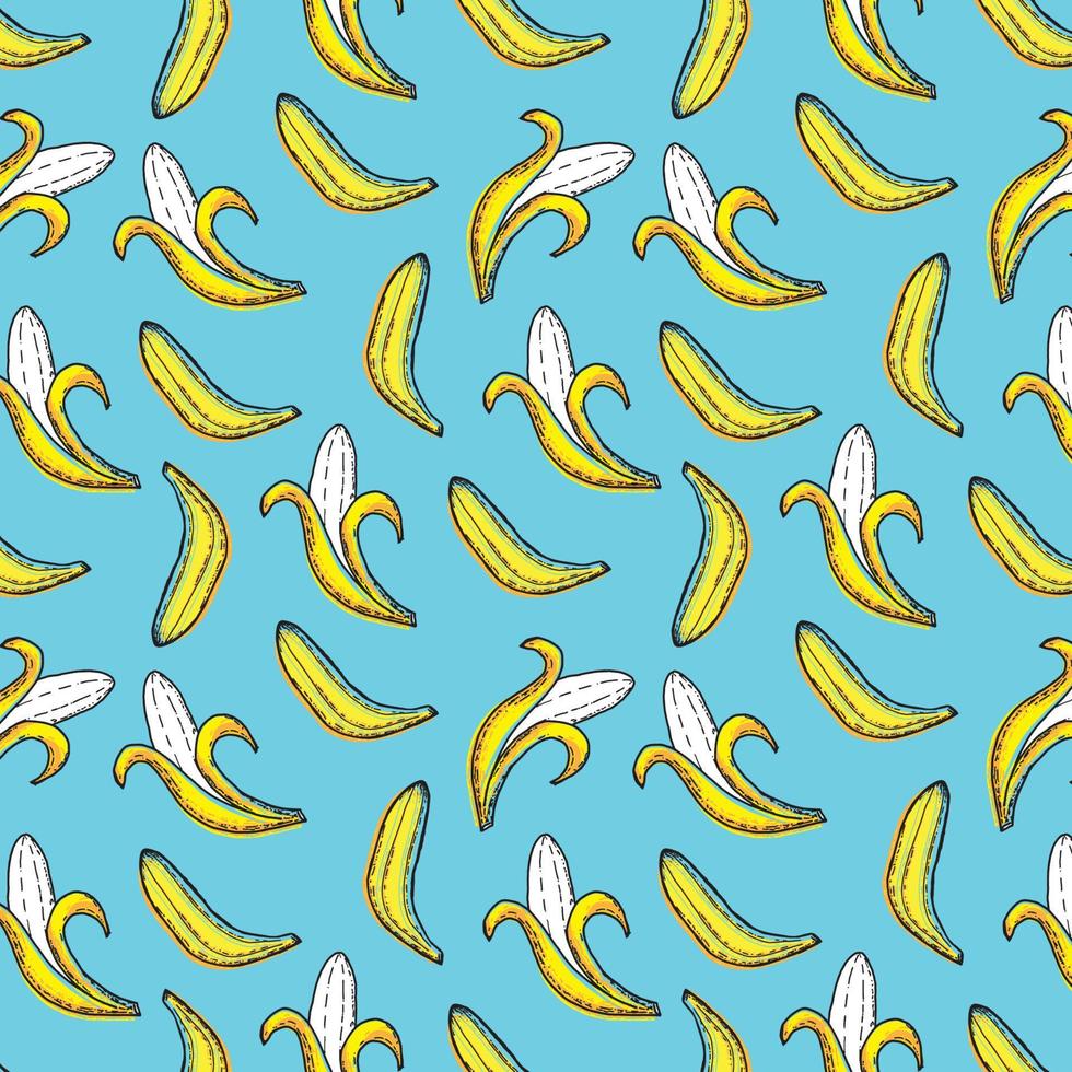 sem costura padrão de bananas inteiras e abertas. estilo plano. várias bananas amarelas. paleta azul-amarelo. adequado para tecidos brilhantes, papel e papel de parede para decoração de parede vetor