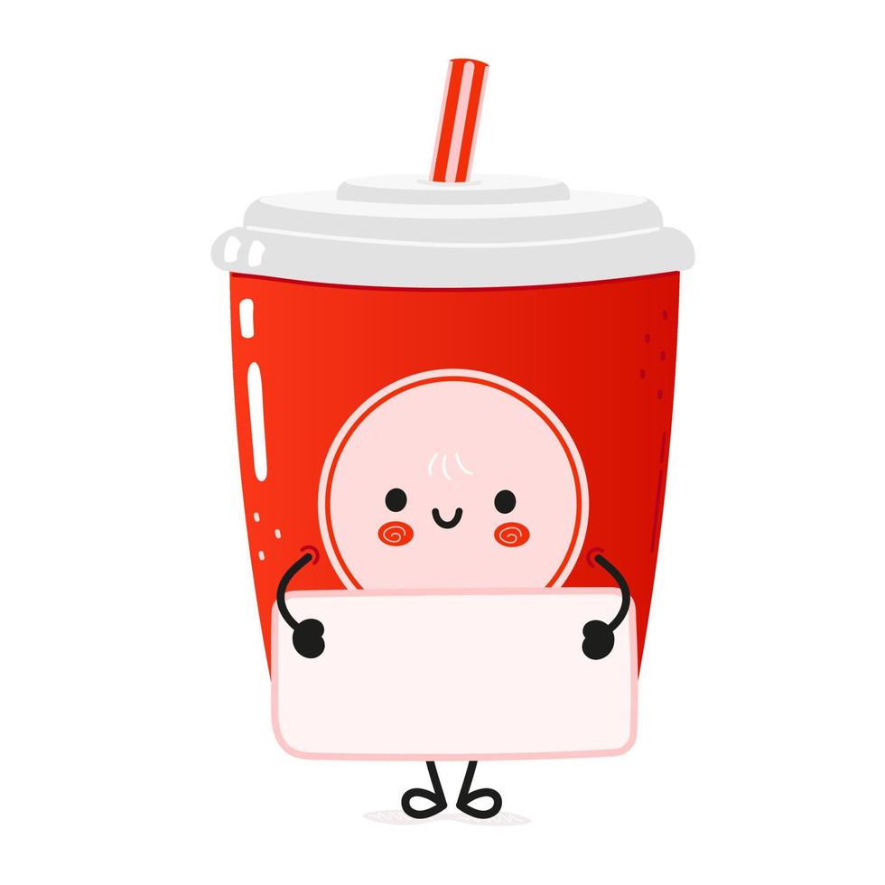 bonito engraçado copo de plástico vermelho bebida fria coca-cola e personagem de cartaz de palha. ilustração de personagem de desenho animado kawaii de mão desenhada. fundo branco isolado. cartaz de palha de cola de bebida fria de copo de plástico vermelho vetor