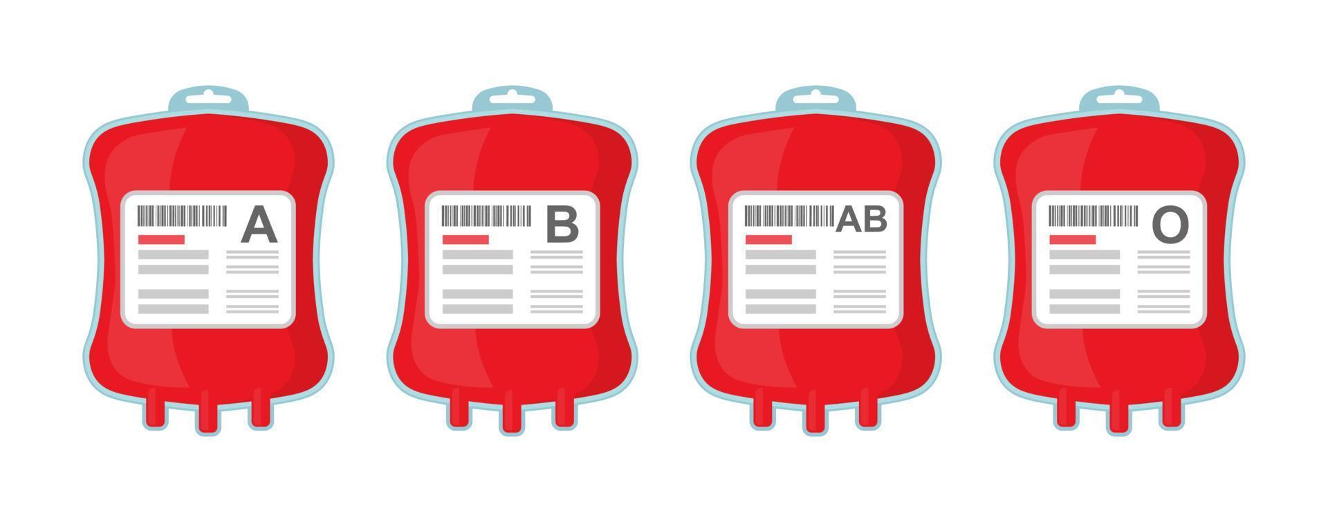 bolsas com diferentes tipos sanguíneos ab ab o. conceito de doação de sangue para ajudar as vítimas. vetor