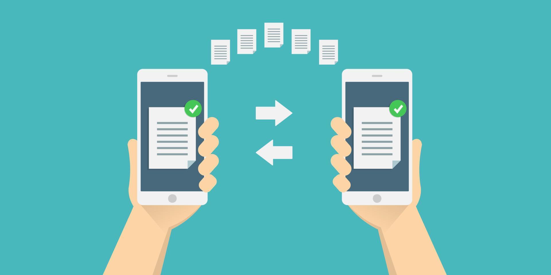 transferir ou trocar arquivos entre um smartphone e um celular, copiando informações. vetor