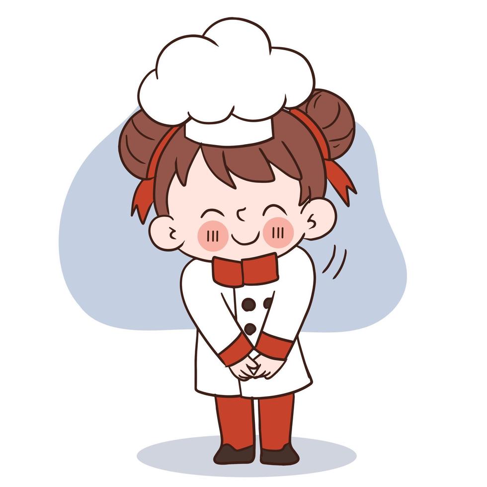 sorriso feliz menina chef.kid cozinhar concept.doodle ilustração vetorial desenhada à mão. vetor