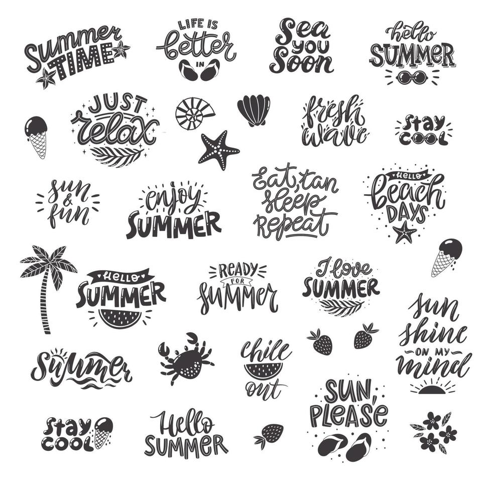 letras de verão preto e branco definido em estilo moderno. decorações de férias desenhadas à mão. desenhos de ilustração vetorial isolados com elementos de verão. coleção de tipografia vetorial. vetor