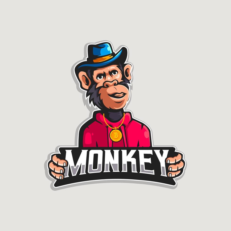 macaco usando um colar btc, usando um chapéu e um suéter, design de logotipo de mascote vetor