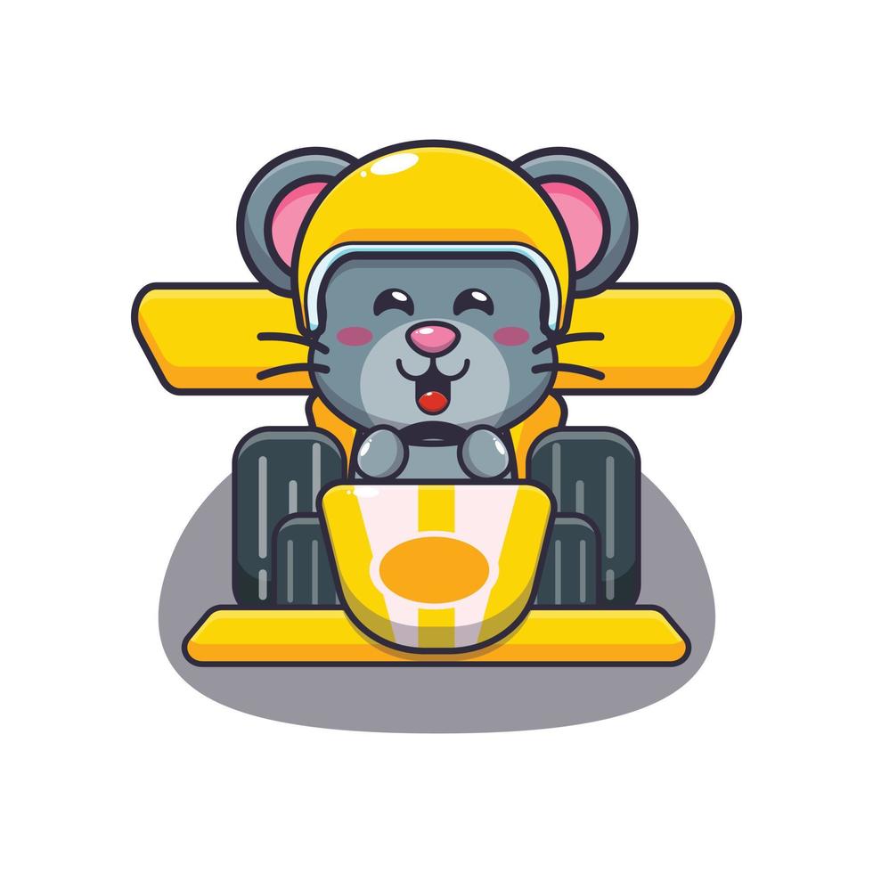 personagem de desenho animado de mascote de rato fofo andando de carro de corrida vetor