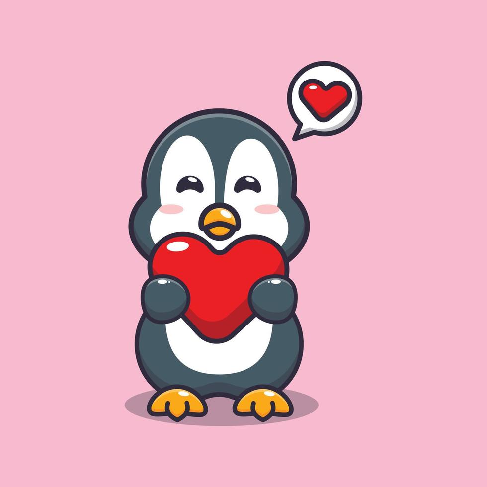 personagem de desenho animado de pinguim bonitinho segurando coração de amor vetor