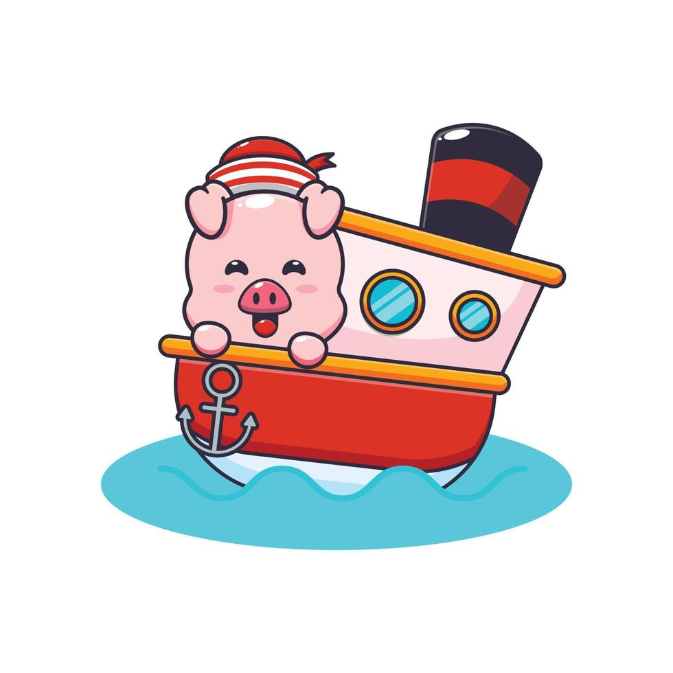 personagem de desenho animado de mascote de porco bonito no navio vetor