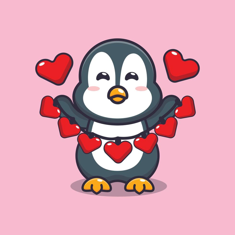personagem de desenho animado de pinguim bonitinho segurando a decoração de amor vetor