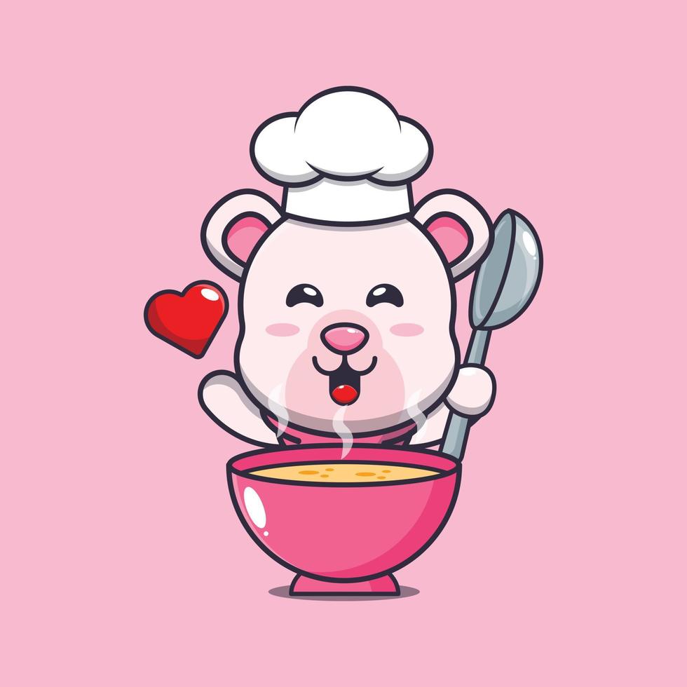 personagem de desenho animado de mascote de chef de urso polar fofo com sopa vetor