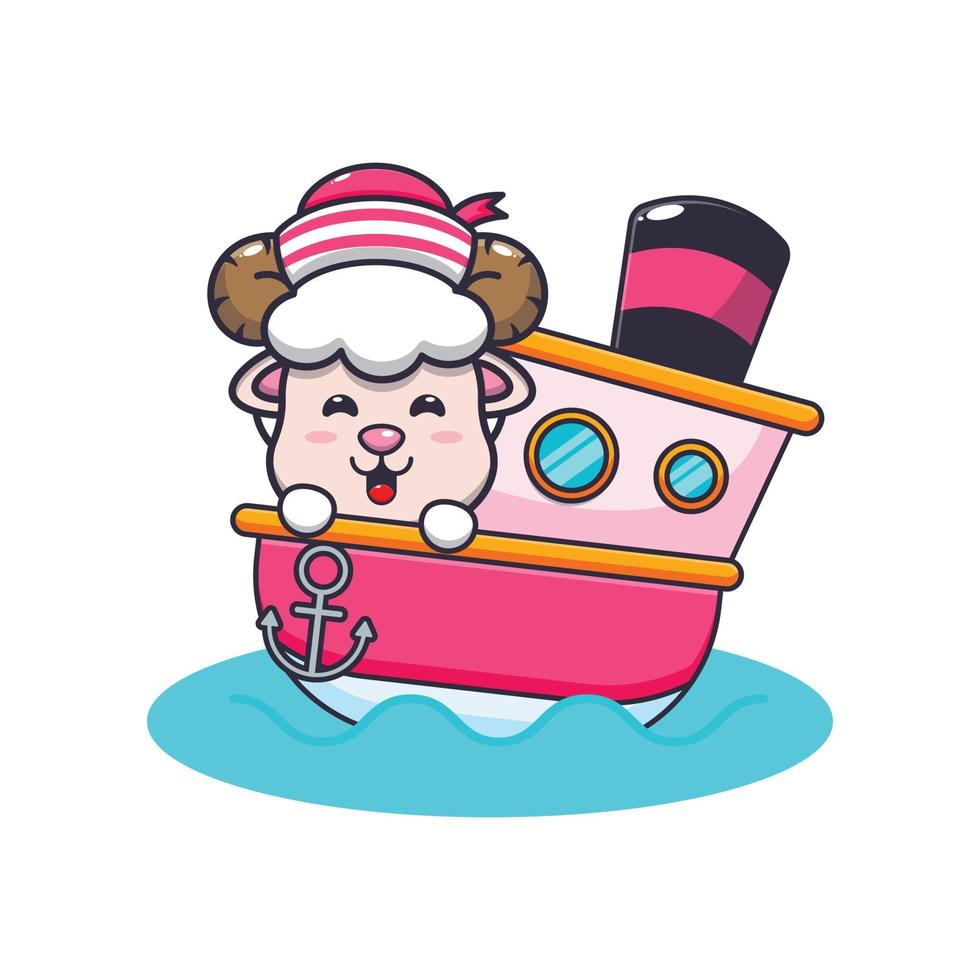 personagem de desenho animado de mascote de ovelha bonito no navio vetor