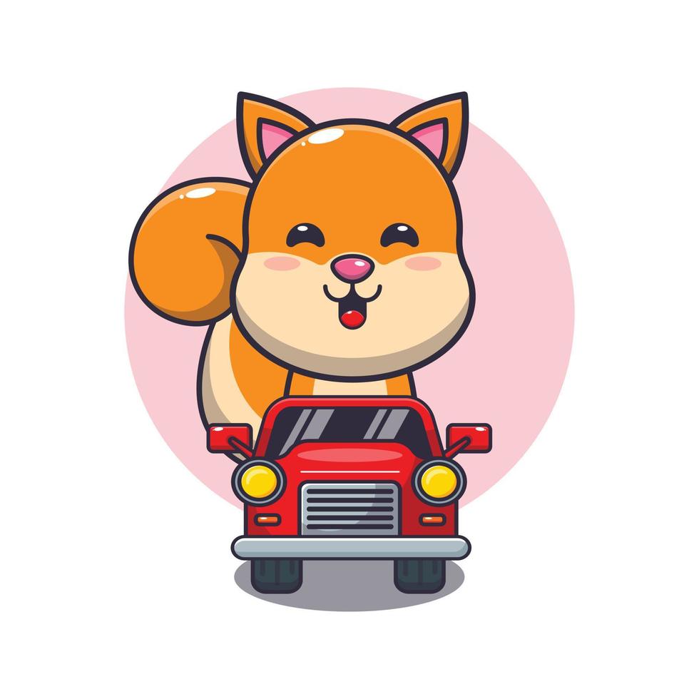 passeio de personagem de desenho animado de mascote de esquilo fofo no carro vetor