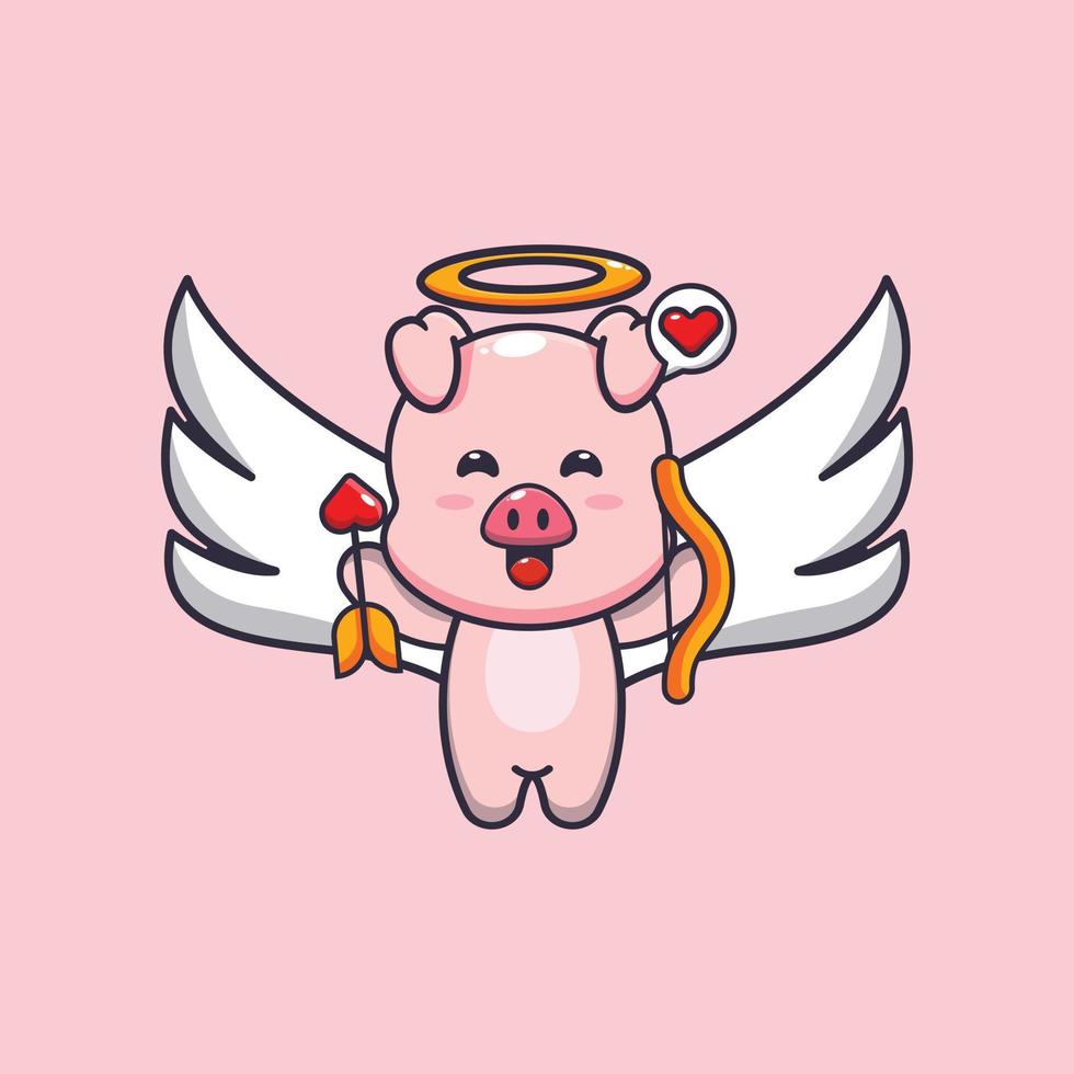 personagem de desenho animado bonito porco cupido segurando a seta do amor vetor
