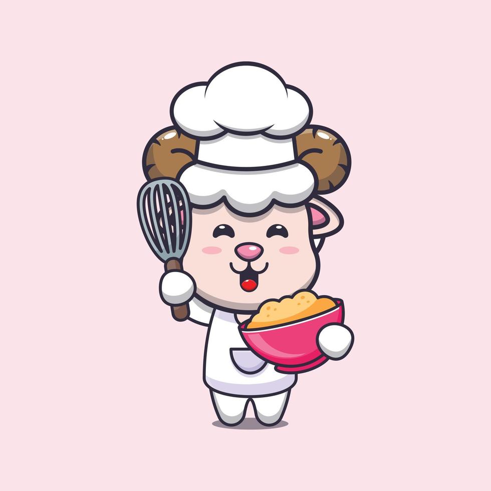 personagem de desenho animado de mascote de chef de ovelha bonito com massa de bolo vetor