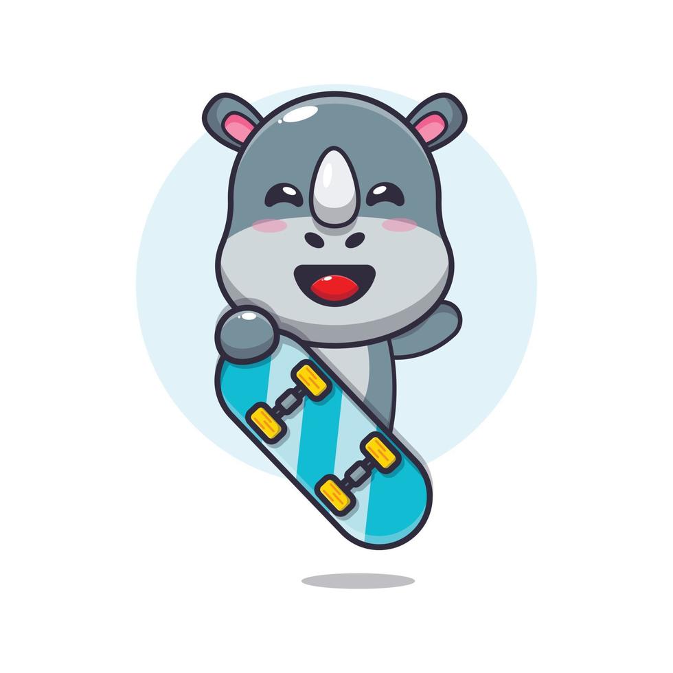 personagem de desenho animado de mascote rinoceronte bonito com skate vetor