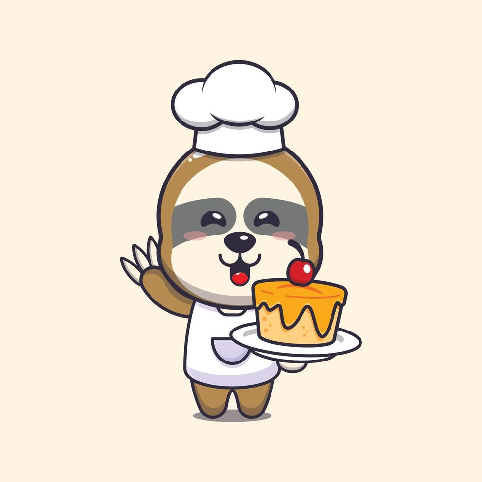 personagem de desenho animado de mascote de chef de preguiça bonito com bolo vetor