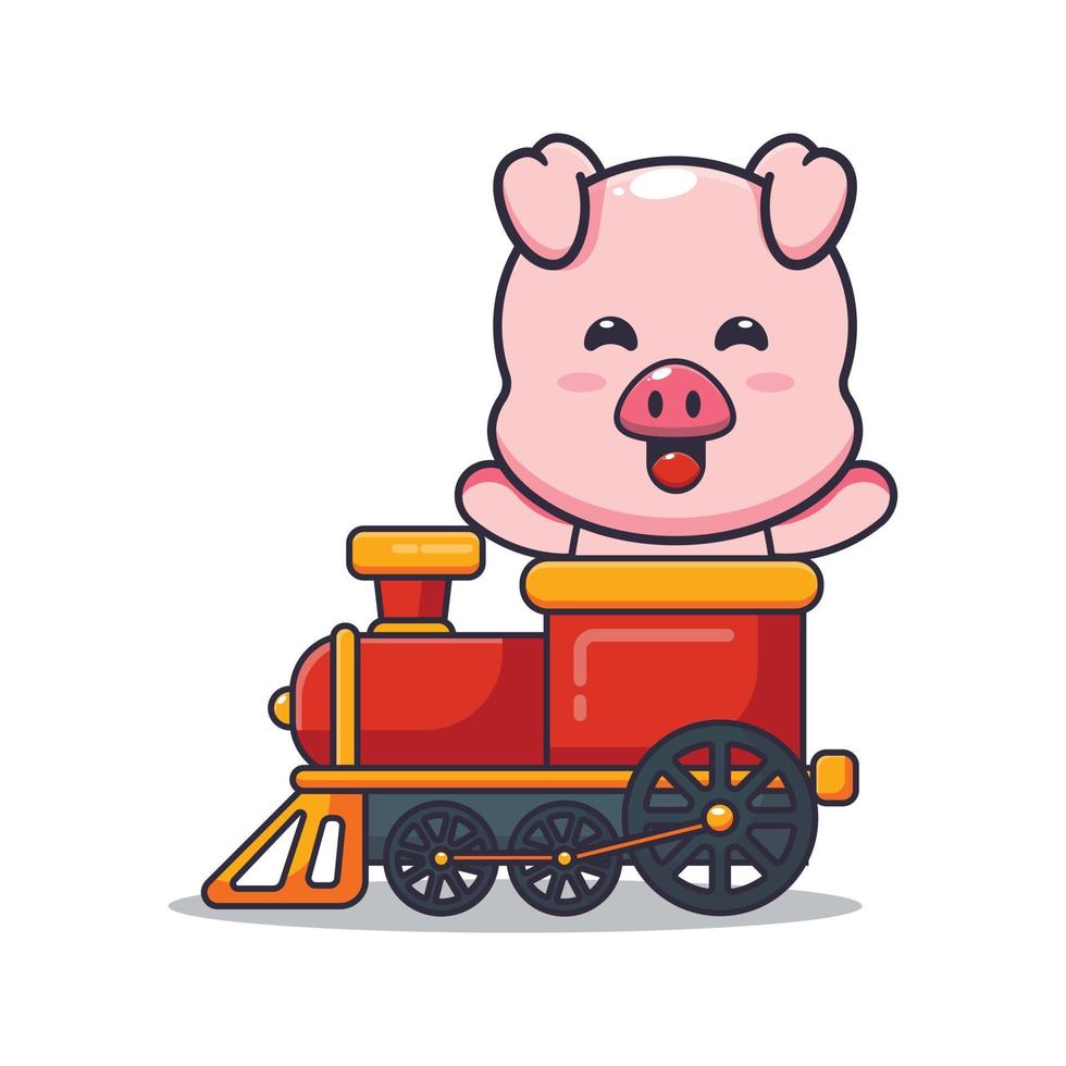 passeio de personagem de desenho animado de mascote de porco bonito no trem vetor