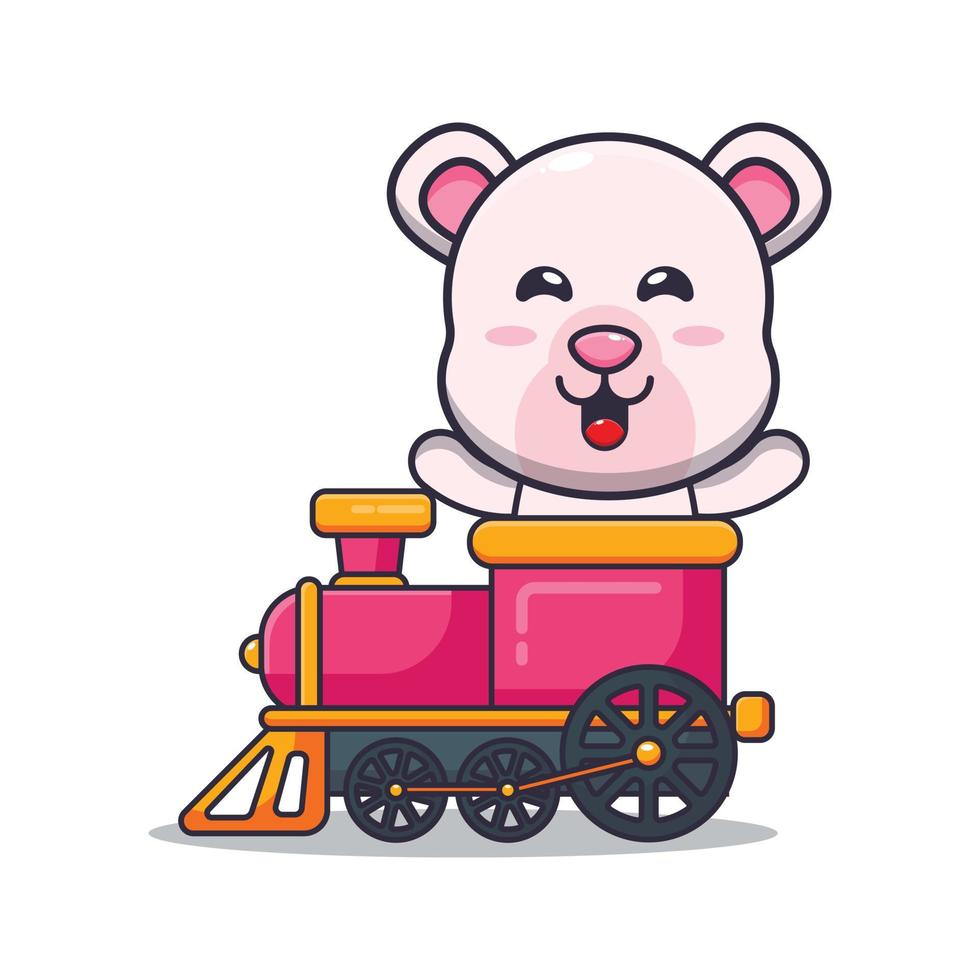 passeio de personagem de desenho animado de mascote de urso polar fofo no trem vetor