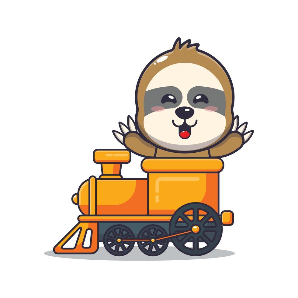 passeio de personagem de desenho animado de mascote preguiça bonito no trem vetor