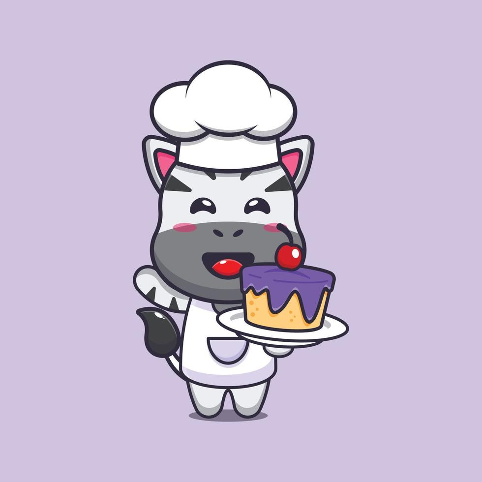 personagem de desenho animado de mascote de chef zebra bonito com bolo vetor