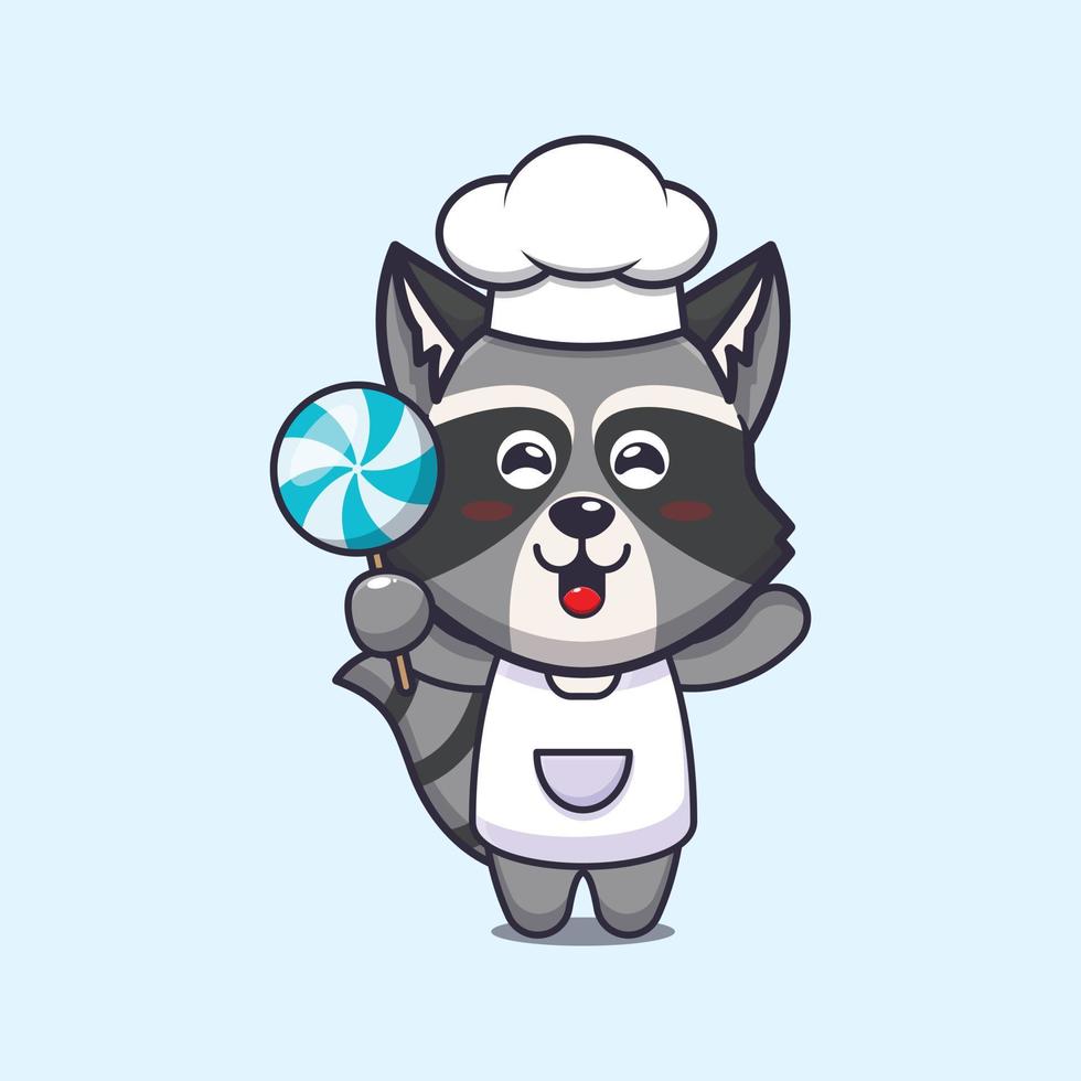 personagem de desenho animado de mascote de chef de guaxinim bonito segurando doces vetor