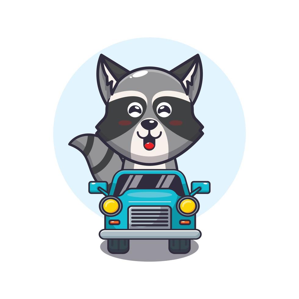 passeio de personagem de desenho animado de mascote guaxinim bonito no carro vetor