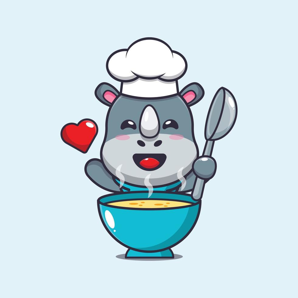 personagem de desenho animado de mascote chef rinoceronte bonito com sopa vetor