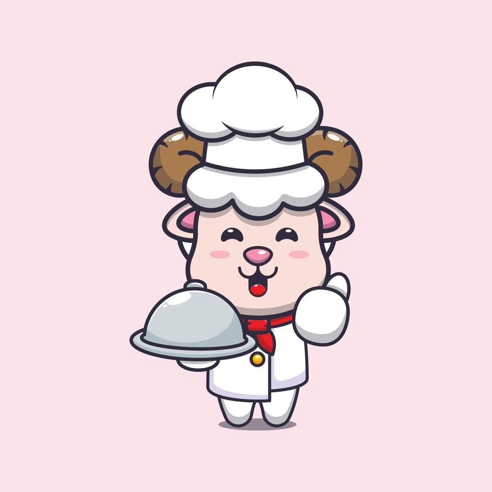 personagem de desenho animado de mascote de chef de ovelha bonito com prato vetor