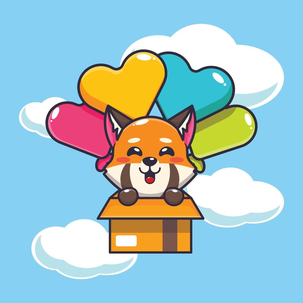 personagem de desenho animado de mascote panda vermelho bonito voar com balão vetor