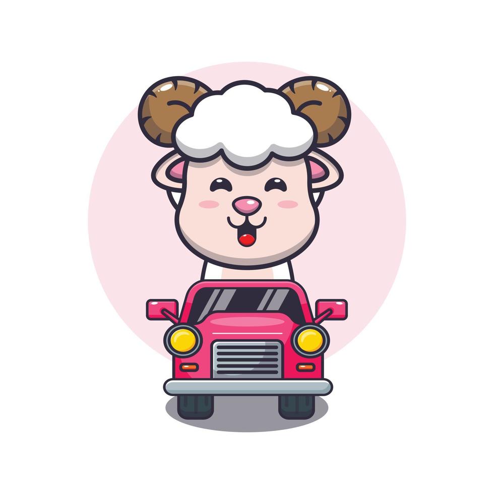 passeio de personagem de desenho animado de mascote de ovelha fofa no carro vetor