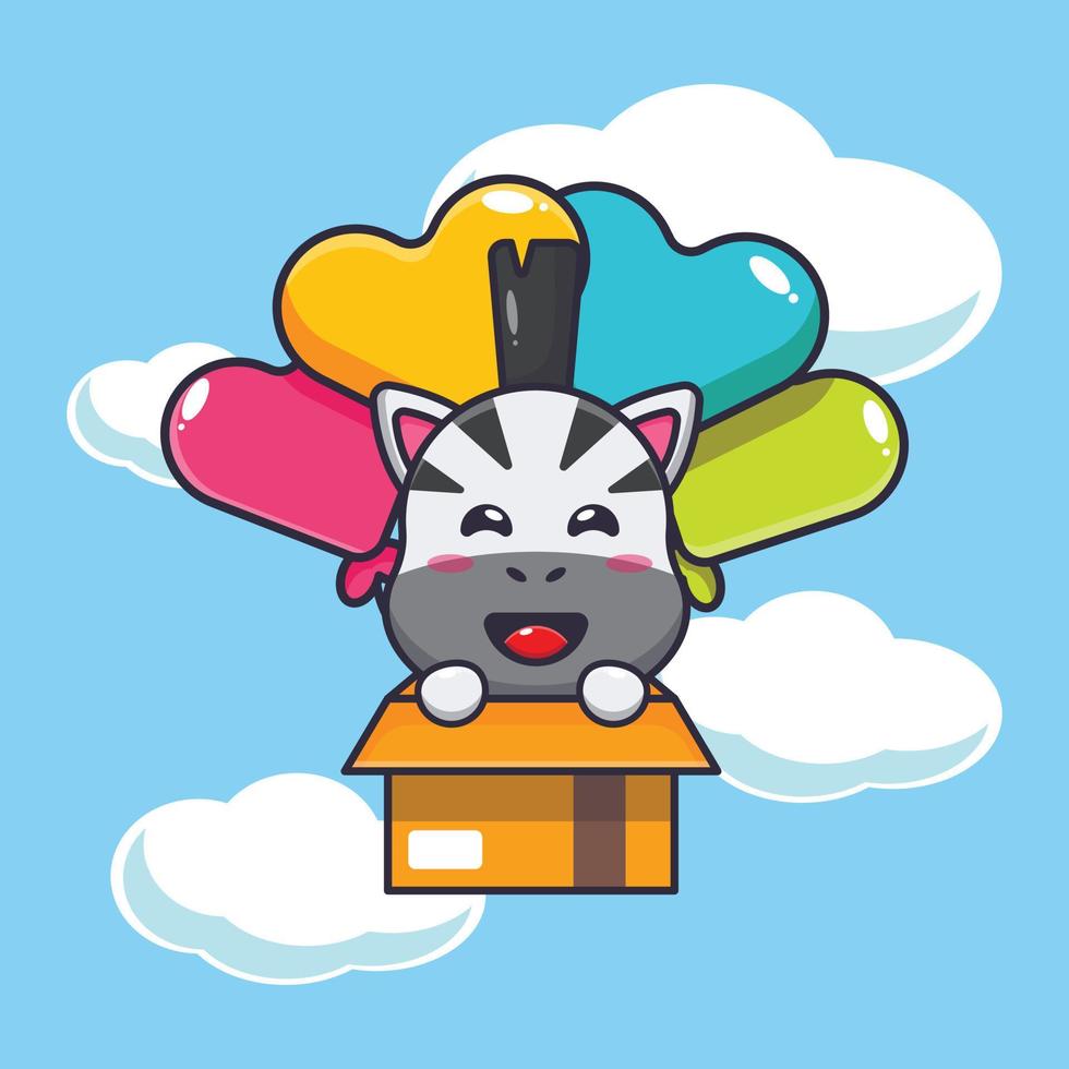 personagem de desenho animado de mascote zebra bonito voar com balão vetor