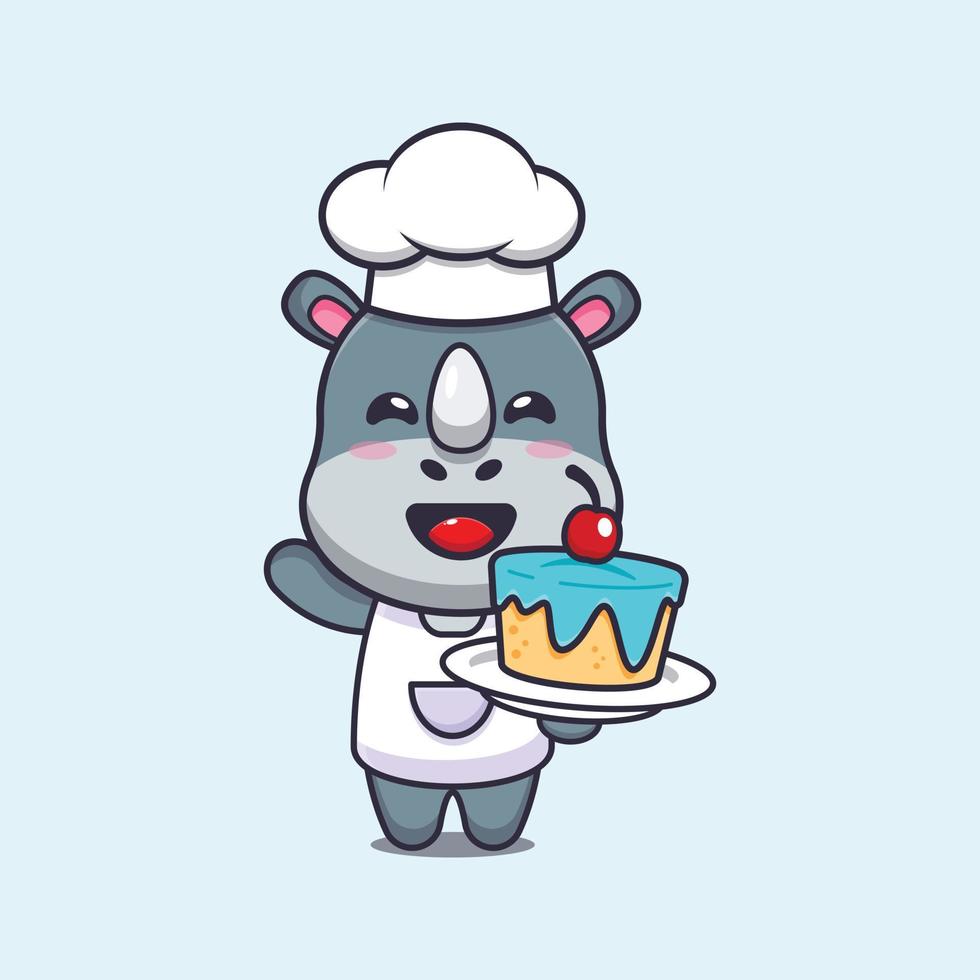 personagem de desenho animado de mascote chef rinoceronte fofo com bolo vetor