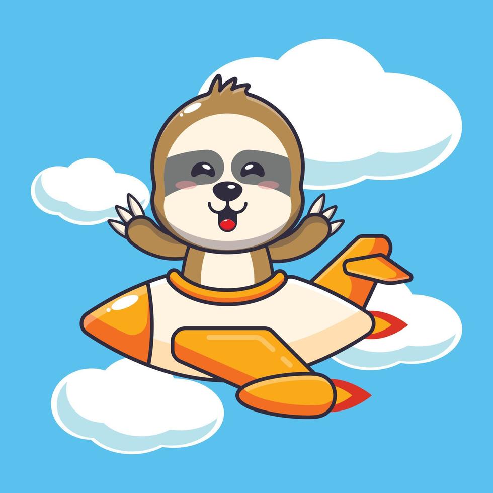 passeio de personagem de desenho animado de mascote preguiça bonito no jato de avião vetor