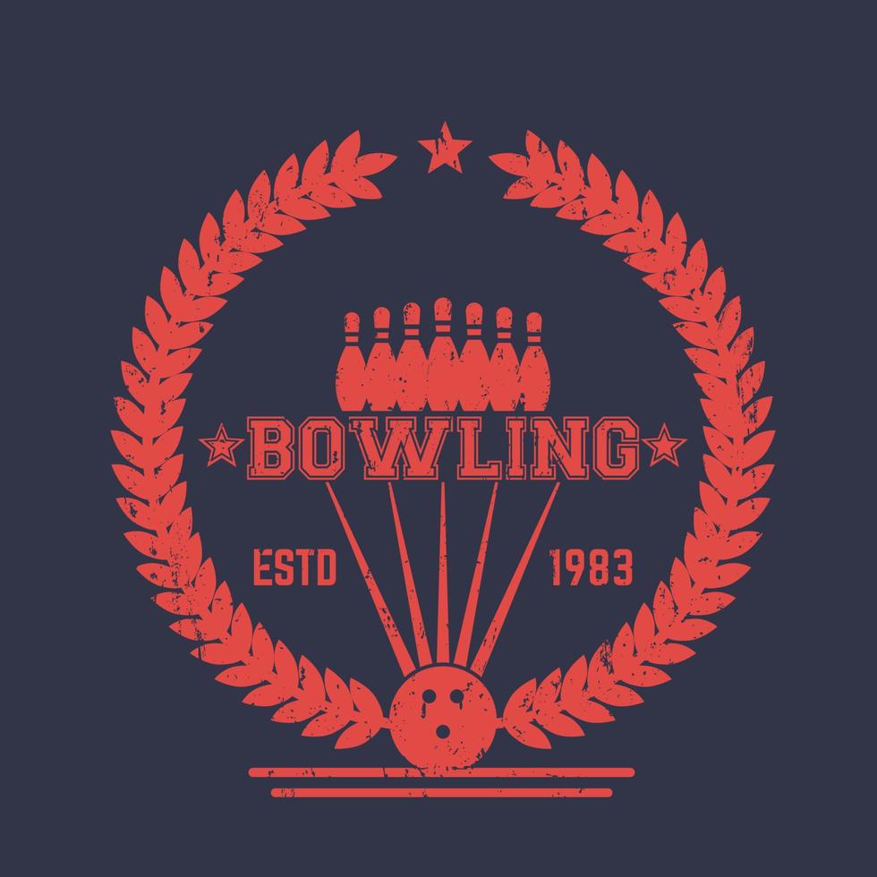 logotipo vintage de boliche, sinal com coroa de flores, distintivo com bola e pinos vetor