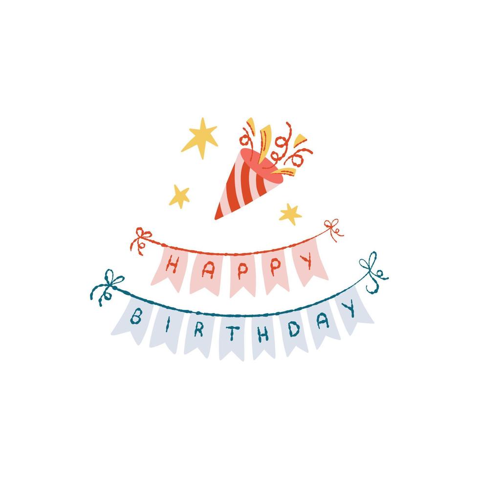 letras de feliz aniversário na ilustração de doodle desenhado à mão de bandeiras. composição de cartão de aniversário vetor