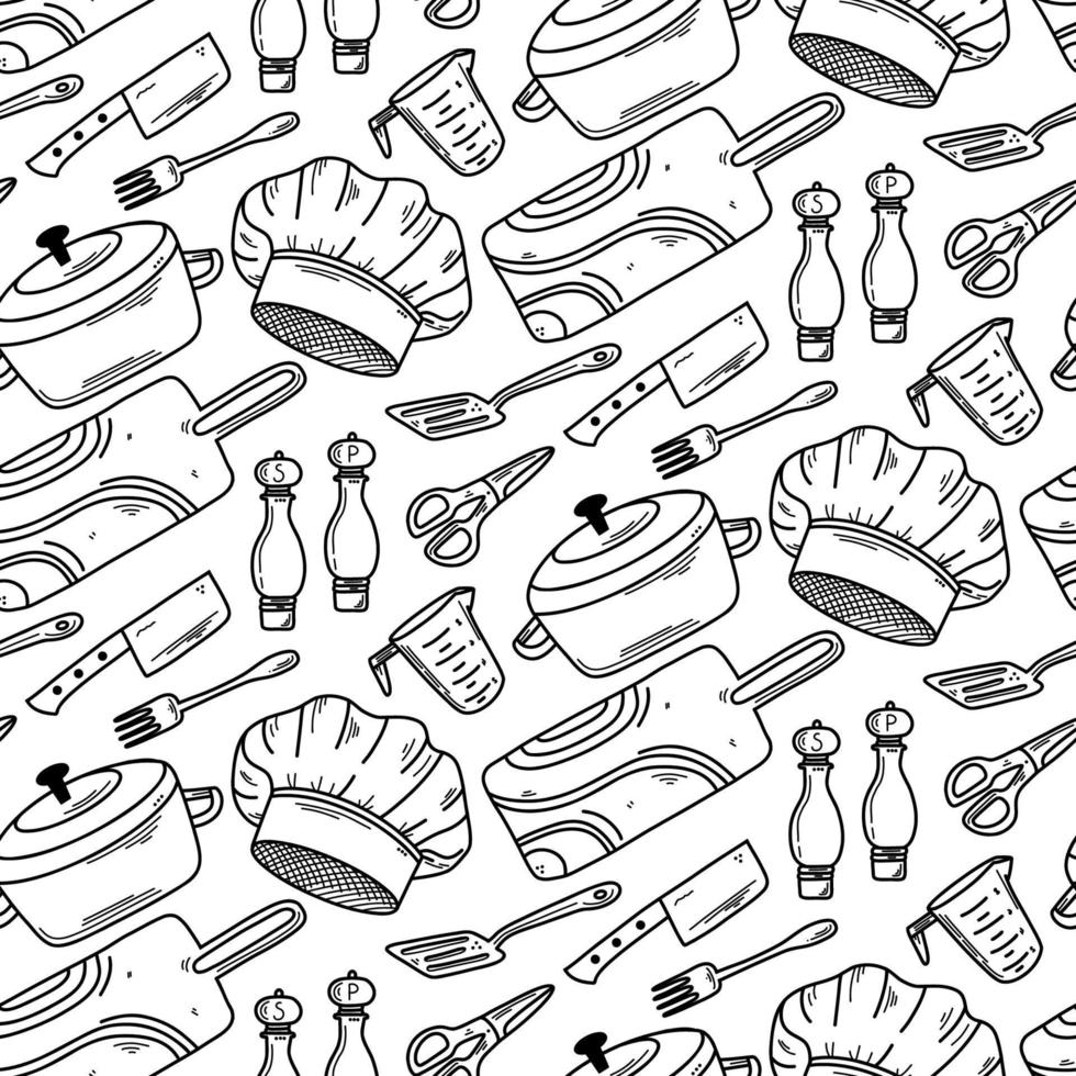 ferramentas de cozinha e cozinha sem costura padrão em estilo doodle. fundo vetorial com ferramentas de cozinha vetor